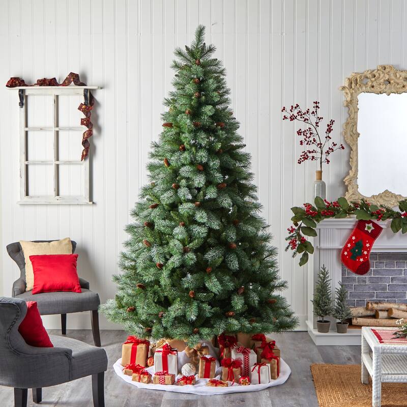 8ft. Snowed Pine Artificial Christmas Tree with 1159 Branches & Pine Cones - Winter Wonderland Holiday X-Mas Tree