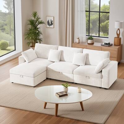 Velvet Upholstered Modular Deep Seating Couches L-shaped Chaise Sectional Sofa with Side Pockets, Storage Ottoman and Seat