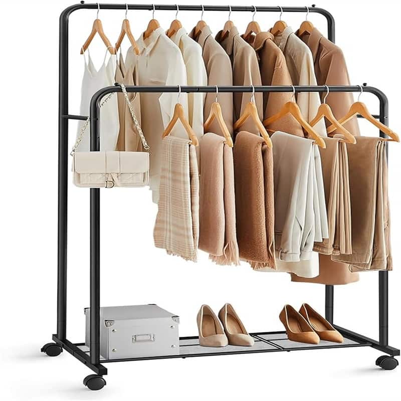 Double Rod Clothes Rack with Wheels - 23.4"D x 36.4"W x 62.2"H - Black