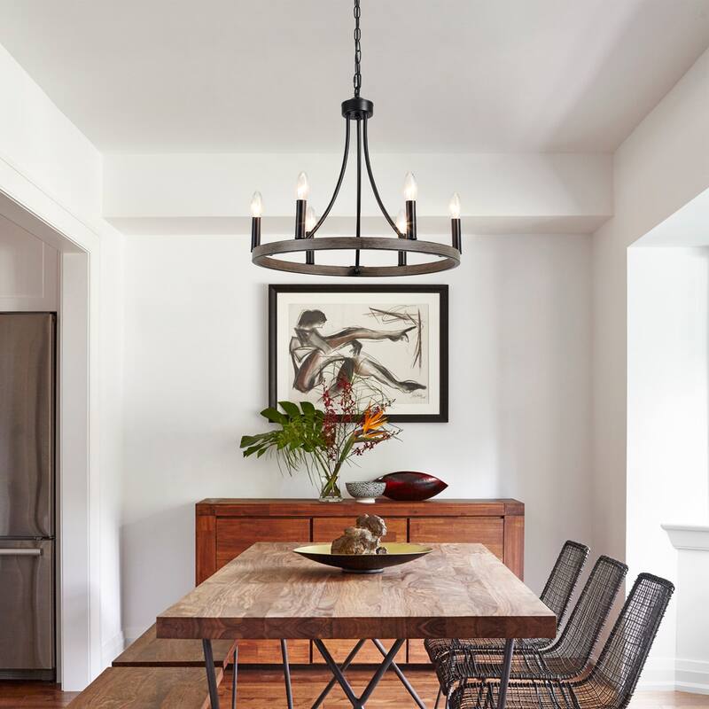 6-Light Farmhouse Candle Circle Hanging Wagon Wheel Chandelier Lighting for Kitchen Island