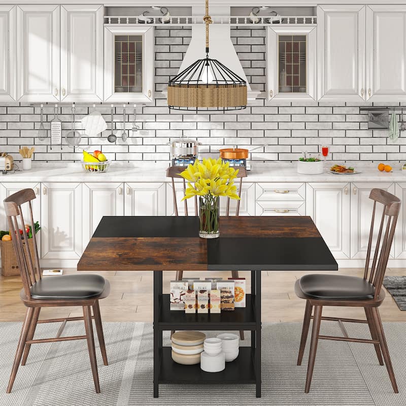 Dining Table with Storage Shelves for 4 People, Rustic Color Contrast Kitchen Table