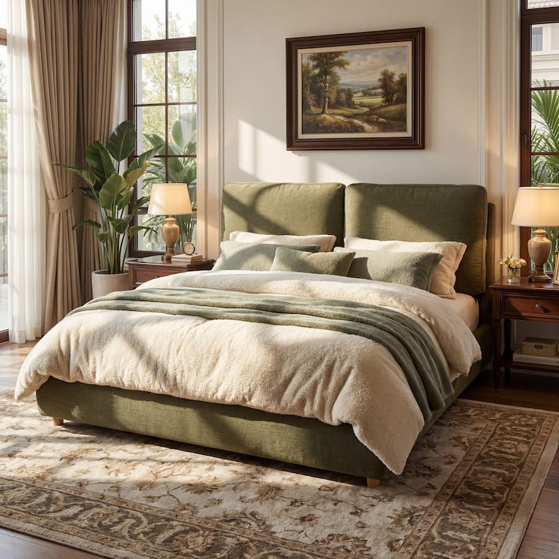 Christopher Knight Home - Charlotte Upholstered Platform Bed with Removable Pillow Headboard - Olive Green - King