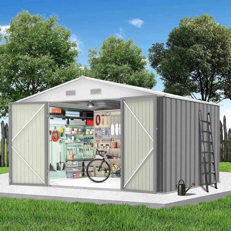 Outdoor Metal Storage Shed with Lockable Doors and Sloping Roof - 8' x 8' - Grey