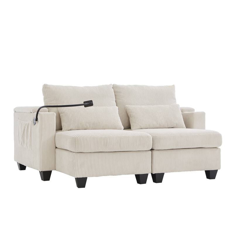 Sofa Chair with Armrests, 2-in-1 Corduroy Loveseat & Chaise Lounge, Sofa Bed Sleeper Sofa with Cup Holders & Side Pockets