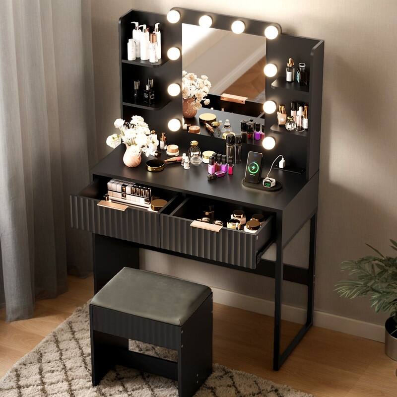 Particle Board Veneered with Textured Melamine, 2-drawer 4-Shelf, comes with 10 Three-color Dimmable Bulbs, Dressing Table Set