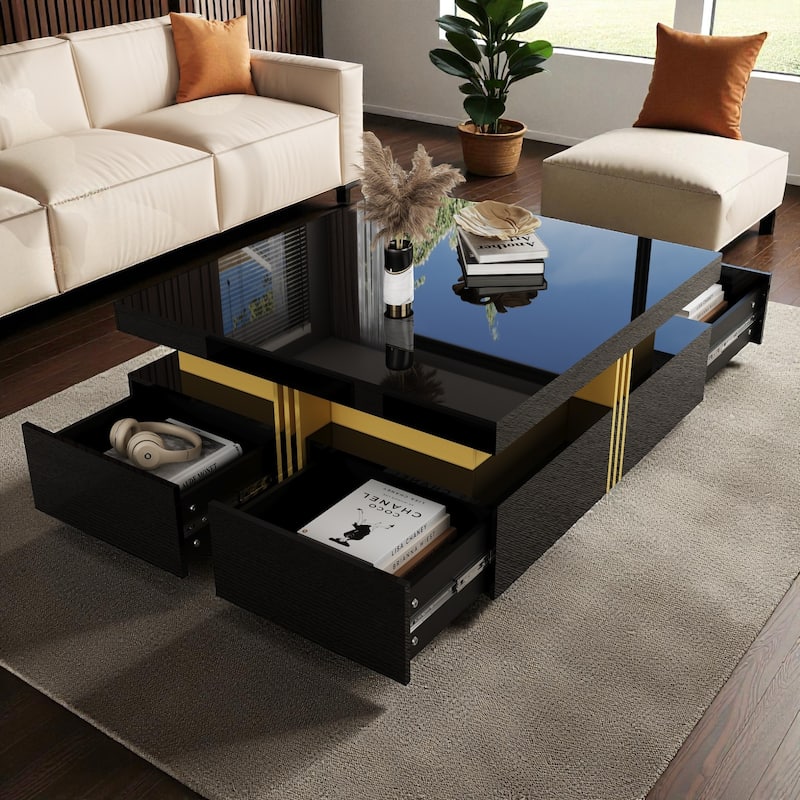 43.3" Modern Glossy Square Coffee Table with 4 Storage Drawers, High Gloss MDF Center Table for Living Room - Black