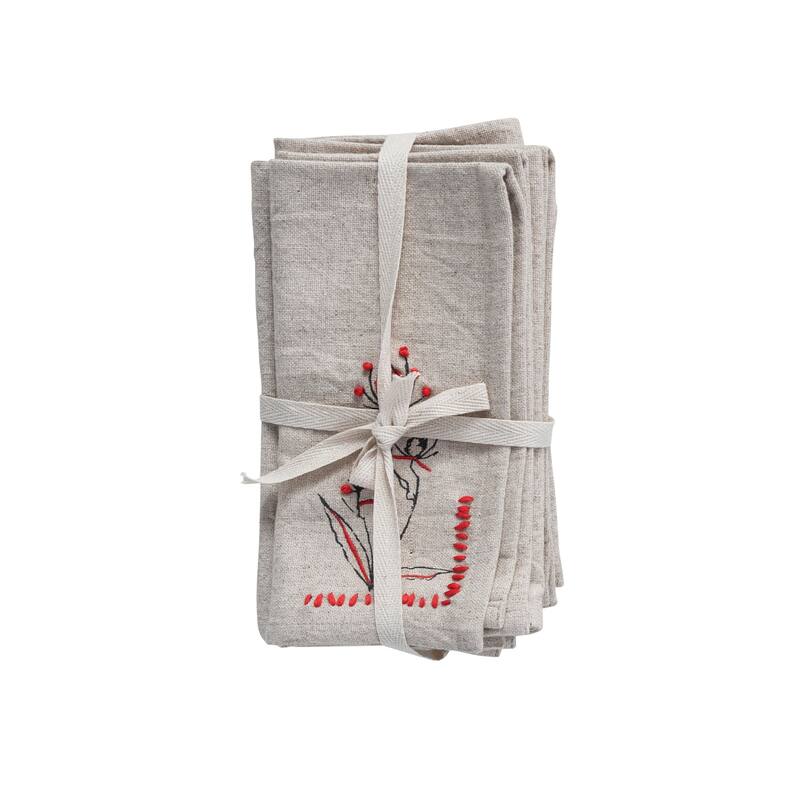 Cotton and Linen Napkins with Flower Embroidery and French Knot Design - 18.0"L x 18.0"W x 0.1"H