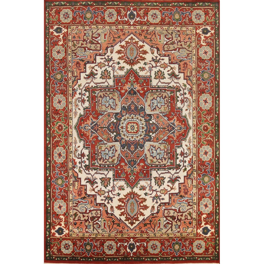Hand Knotted Oriental 100% Wool Carpet Traditional Medallion Beige & Ivories Heriz (serapi) Area Rug - 11' 9'' X 8' 6''