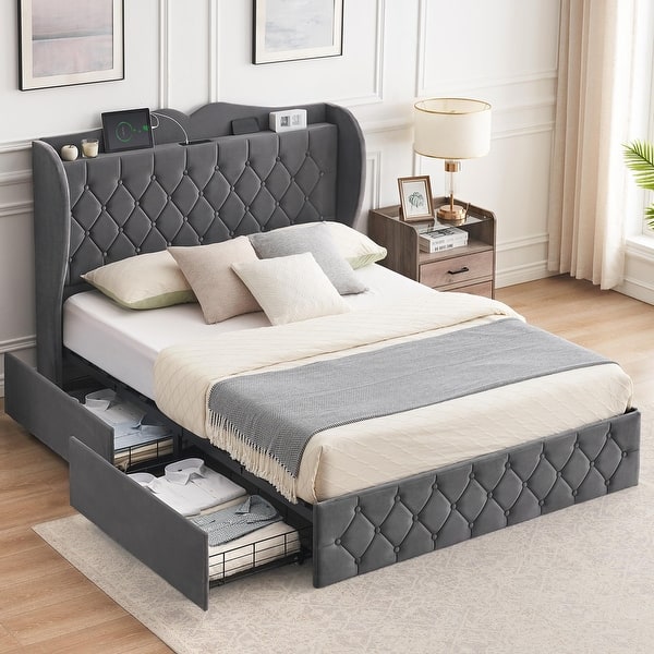 slide 2 of 9, Full Size Grey Velvet Bed Frame with 4 Convenient Storage Drawers, Wingback Headboard with Charging Station Grey - Queen