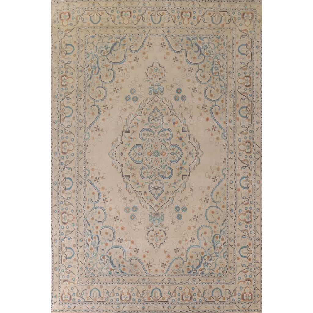 Hand Knotted Oriental 100% Wool Carpet Traditional Floral Beige & Ivories Tabriz Area Rug - 12' 7'' X 9' 5''
