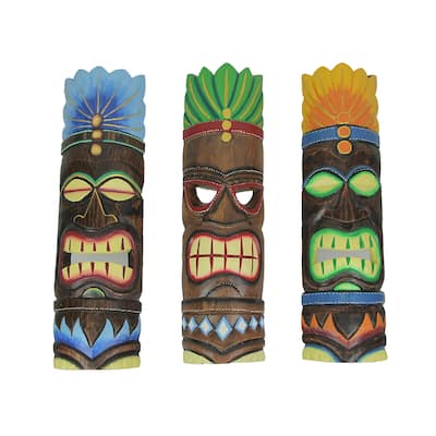 Set Of 3 Brightly Painted Hand Carved Elemental Tiki Style Wall Masks