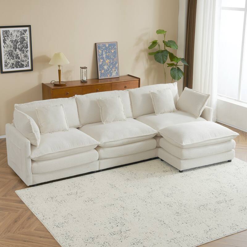 Roomfitters Spacious Modular Corduroy L-Shape Sectional Sofa with Side Storage Pockets for Living Room Convenience - Beige