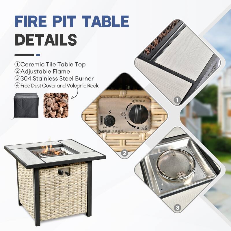 HOOOWOOO 5-piece Outdoor Patio Furniture Rattan Chat Set with Fire Pit Table