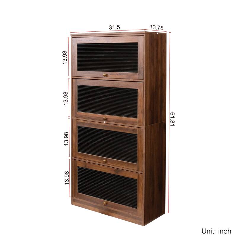 Modern 4-Tier Glass Door Bookcase, 61.8" Tall Wood Storage Cabinet with Flip-Up Doors, Living Room Standing Book Cabinet