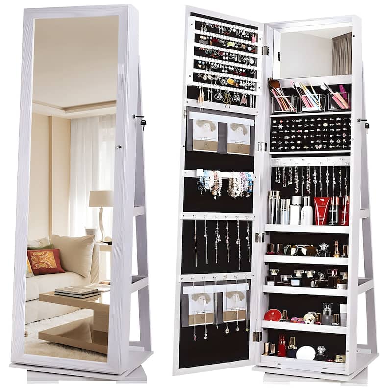 Standing Lockable Jewelry Armoire Jewelry Cabinet Organizer with Full-Length Mirror - 62.4"×14.8" - White