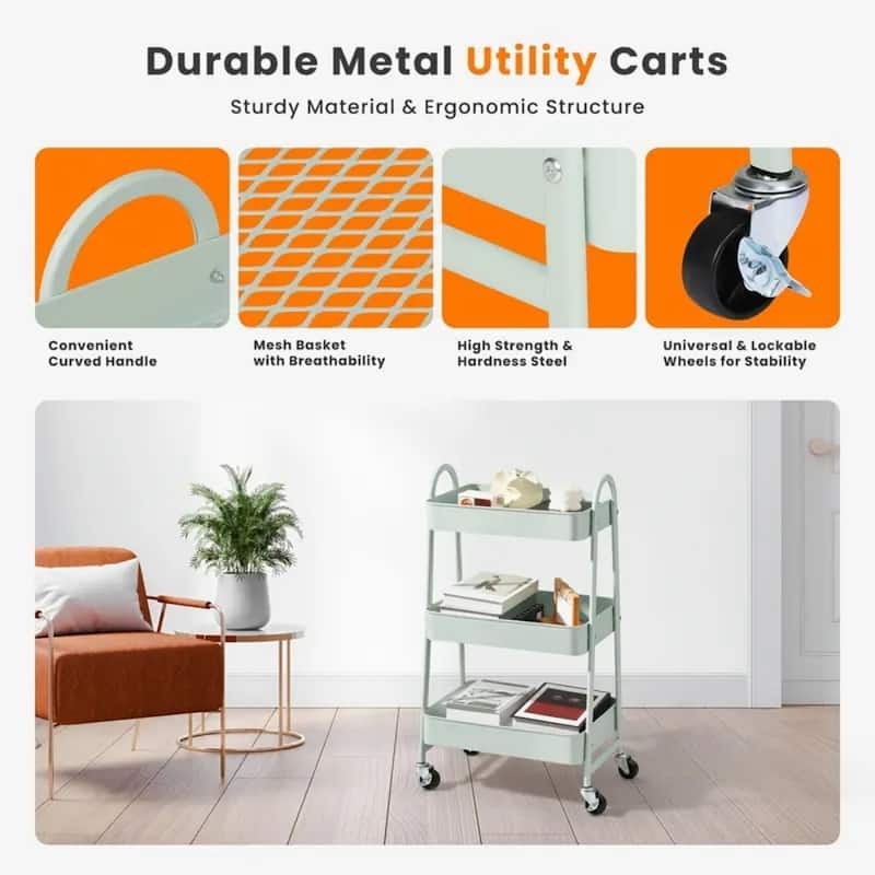 3-Tier Metal Rolling Utility Cart Multifunctional Organizer with Handle and Lockable Wheels - 17.4"D x 12.04"W x 31.02"H