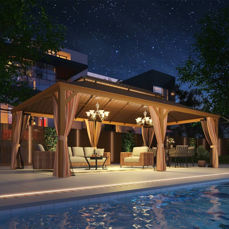 Outdoor Hardtop Gazebo, Wooden Finish Coated Aluminum Frame w Galvanized Steel Double Roof with Premium Curtains and Netting