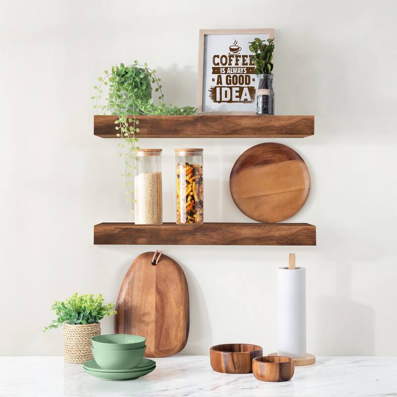 Solid Wood Floating Shelves for Wall - Compact Wooden Wall-Mounted Shelves (16”, Set of 2) - 5.5” L X 16"W X 1.2” H