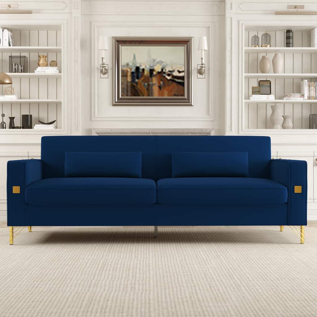 Retro Blue Velvet 3-seater Sofa with Gold Accents