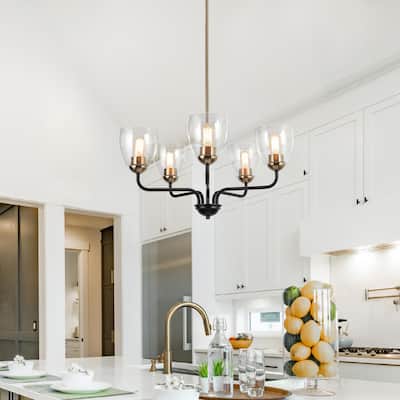 Modern Farmhouse 5-Light Black Gold Glass Chandelier Wheel Pendant Lights for Dining Room - 24.5" D x 12.5" H