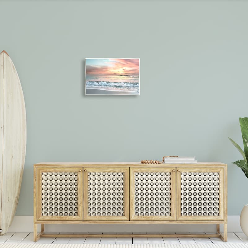 Stupell Morning Sunrise Beach Landscape Distant Mountains Rolling Tide Wood Wall Art - Orange