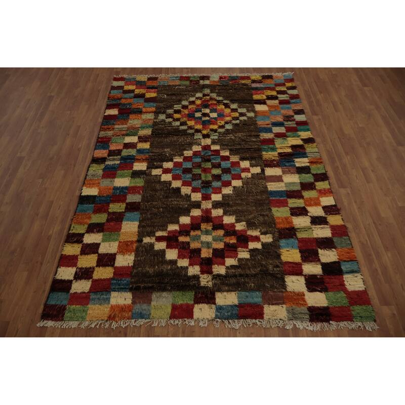 Hand Knotted Oriental 100% Wool Carpet Modern Geometric Brown Moroccan Area Rug - 9' 5'' X 6' 9''