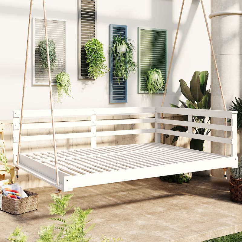 Porch Wood Hanging Swing with Hemp Ropes (No Cushion,Pillow) - White