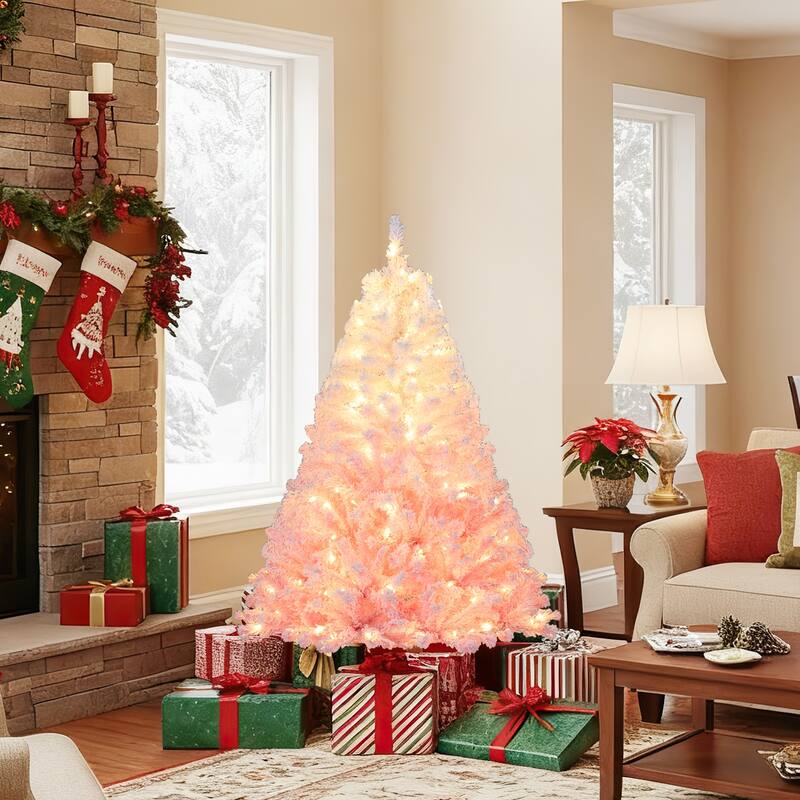 Gymax Artificial Christmas Tree Hinged Snow Flocked Xmas Tree w/ - Pink, White