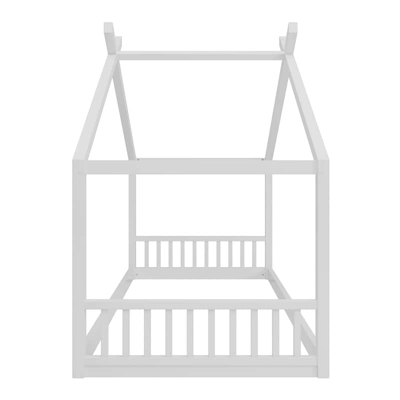Twin Size Montessori Style House Bed for Kids,Floor Bed Frame with Headboard and Footboard,Wooden Fence Bed , Slat Not Included
