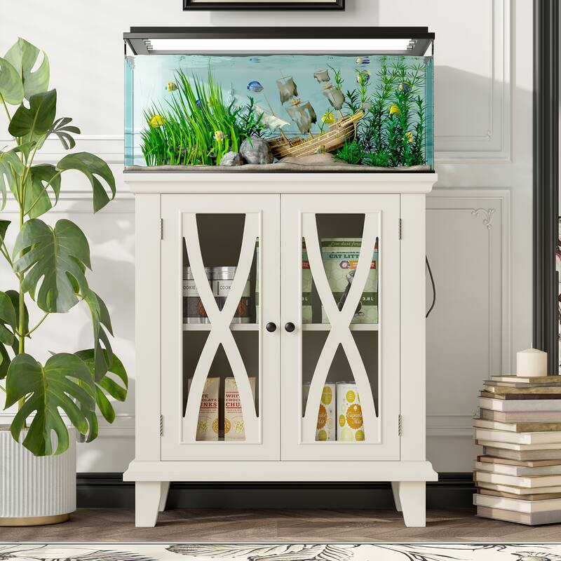 Anmytek Farmhouse 10-20 Gallon Aquarium Tank Stand with Power Outlets, Adjustable Shelves and Storage Cabinet - Beige