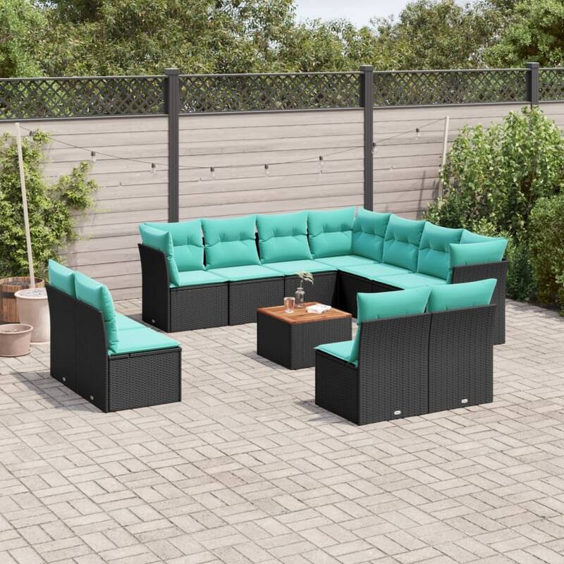 vidaXL Patio Sofa Set with Cushions Outdoor Furniture 12 Piece Poly Rattan - 24.4" x 24.4" x 27.2" - Black and blue