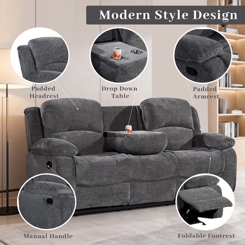 2PC Soft Microfiber Manual Reclining Sofa Set, Drop Down Table, Cupholder Console, Living Room Set