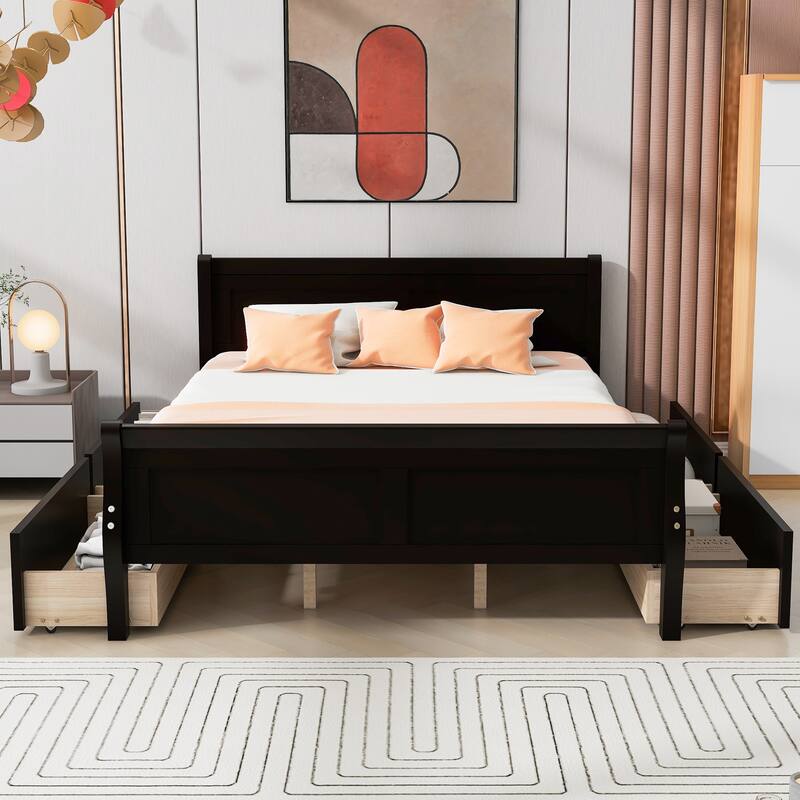 Wood Platform Bed with 4 Drawers and Streamlined Headboard & Footboard