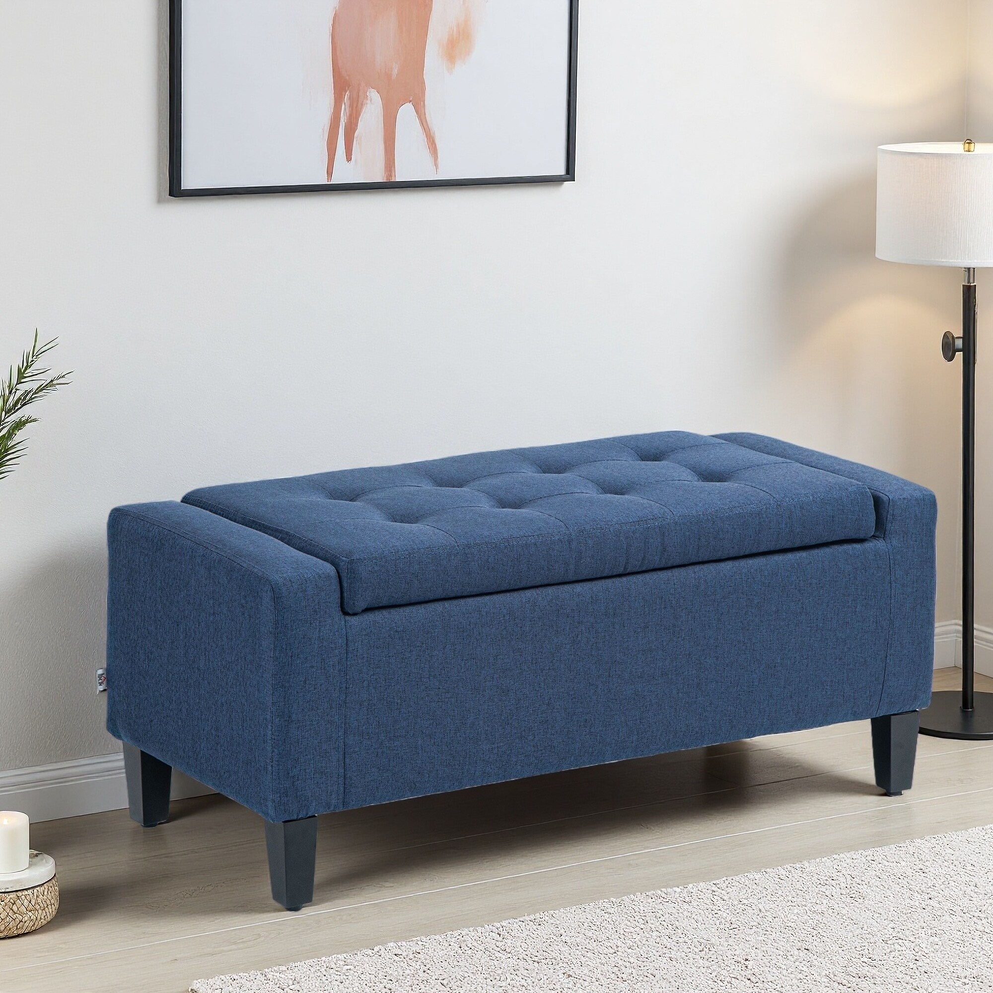 36"L Linen Upholstered Storage Ottoman, Lift Top Button-Tufted Storage Bench with Rubberwood Feet for Living Room, Bedroom
