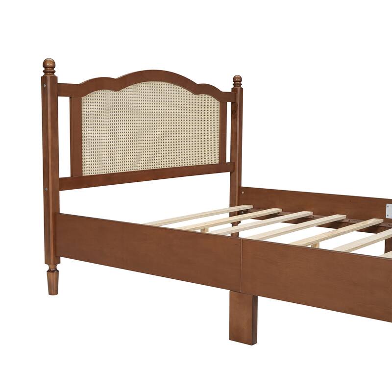 Queen Size Vintage Wooden Bed with Rattan Headboard & Slat Support