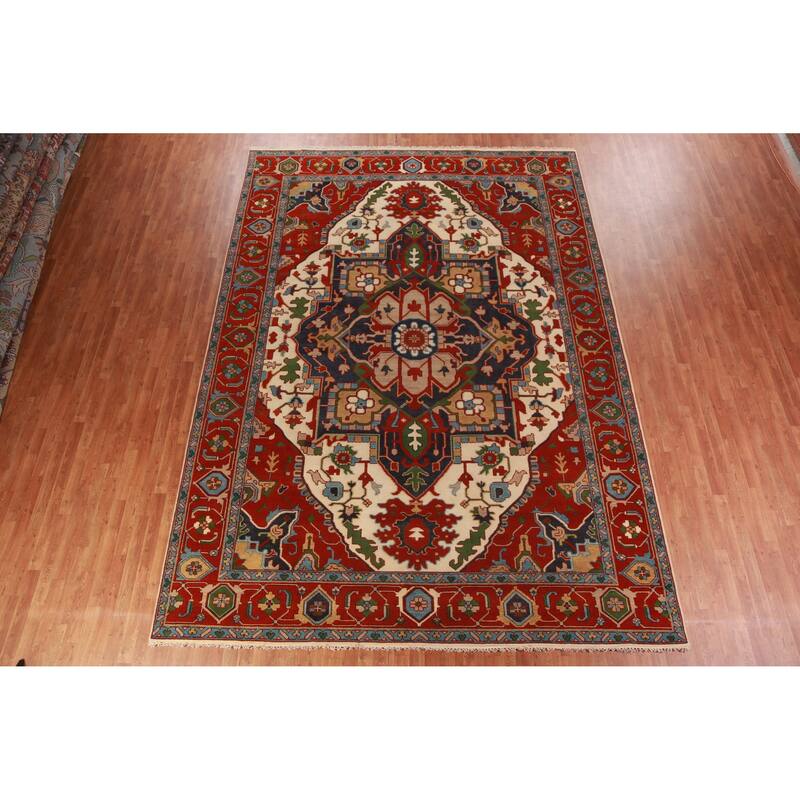 Medallion Heriz Serapi Indian Large Rug Handmade Wool Carpet - 9'11" x 13'10"