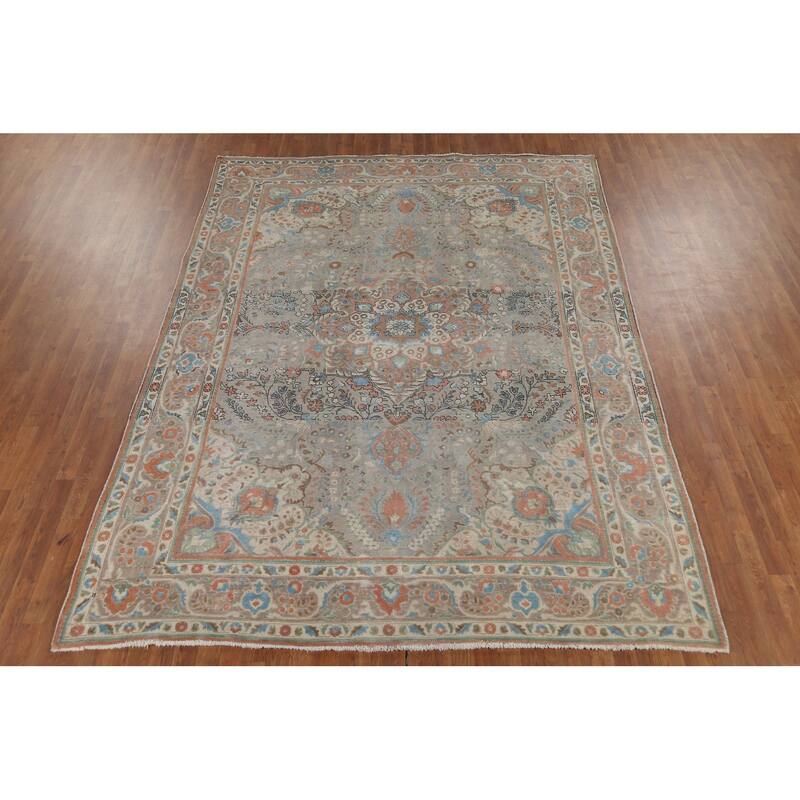 Floral Gray Tabriz Persian Antique Area Rug Handmade Wool Carpet - 8'2"x 11'1"