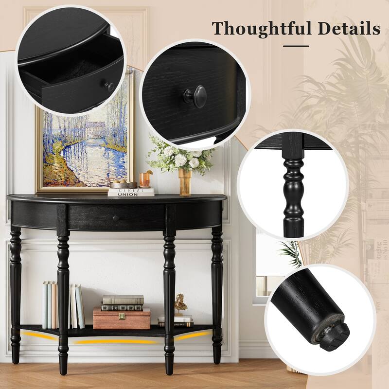 Roomfitters Farmhouse Half Moon Console Table with Shelf, Rustic Accent Sofa Table for Entryway, Living Room, Hallway