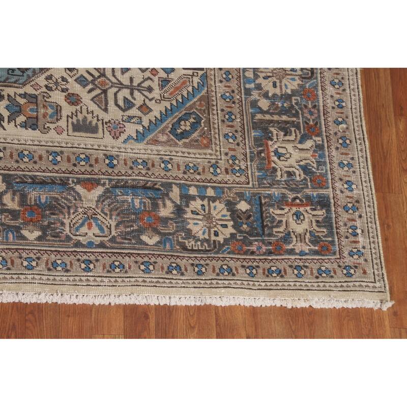 Light Blue Distressed Tabriz Persian Vintage Rug Handmade Wool Carpet - 9'7" x 12'3"