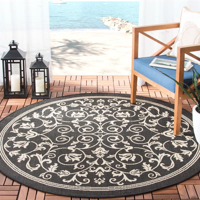 SAFAVIEH Courtyard Clarine Indoor/ Outdoor Waterproof Patio Backyard Rug - 5'3" Round - Black/Sand