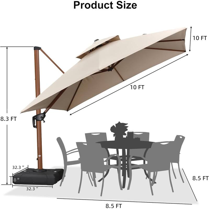 PURPLE LEAF 10 ft Square Wood Pattern Patio Cantilever Umbrella with Base