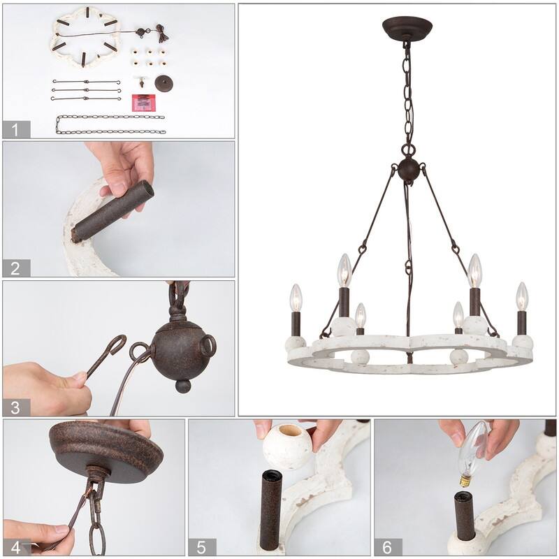 Loby 6-Light Rustic Wagon Wheel Wood Chandelier Dimmable Lighting, Adjustable Farmhouse Pendant Light for Kitchen Island