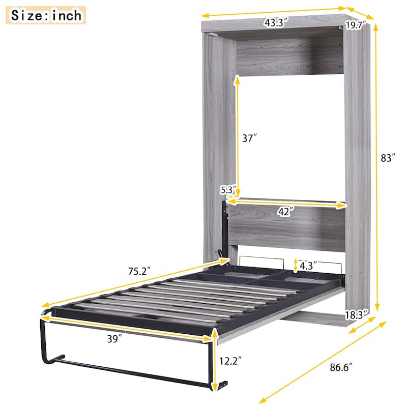 Grey Twin MDF and Metal Murphy Bed - Foldable Space-Saving Cabinet