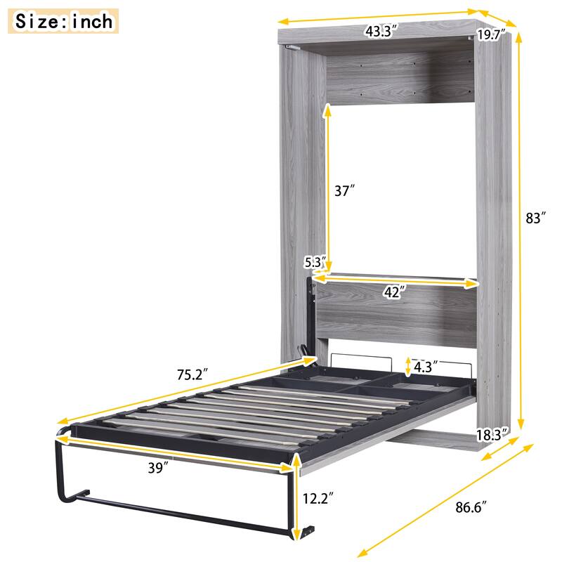 Solid Wood Twin Size Murphy Bed, Hidden Foldable Into Cabinet Cube Murphy Bed with Slats for Multipurpose Guest Room