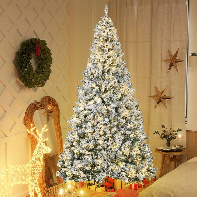 9ft Tall Prelit Artificial Christmas Tree Holiday Décor with 1868 Snow Flocked Branches, 600 Warm White LED Lights - Green