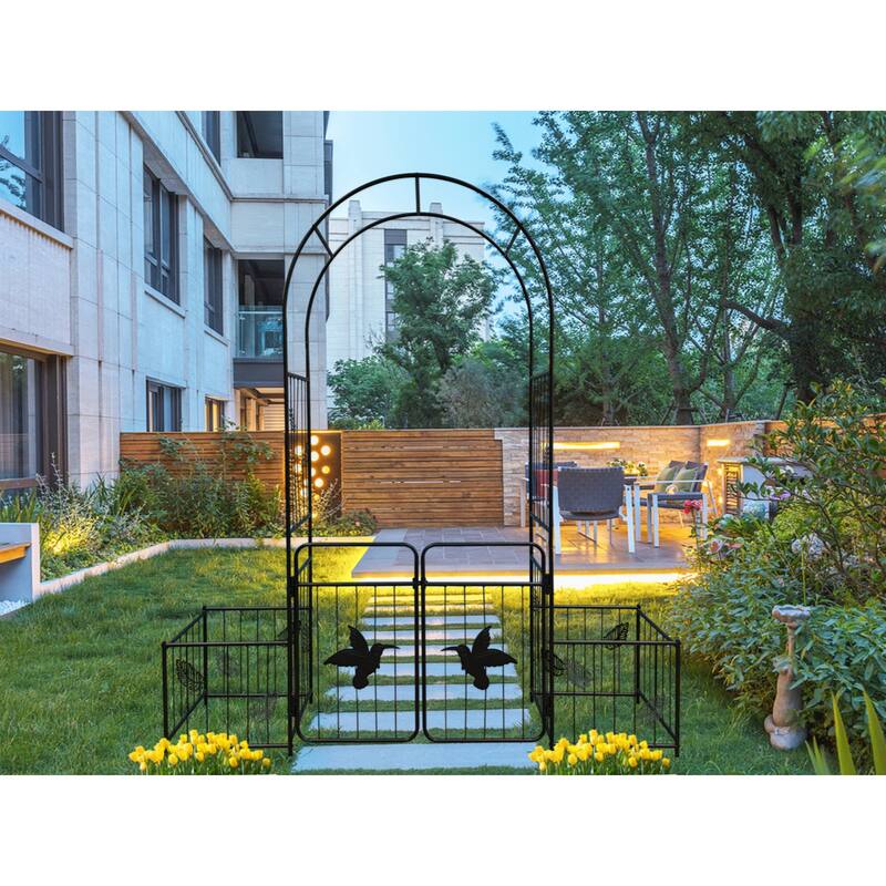 Metal Garden Arch with doors Garden Arbor Trellis Climbing Plants Support Arch Outdoor Arch - Black