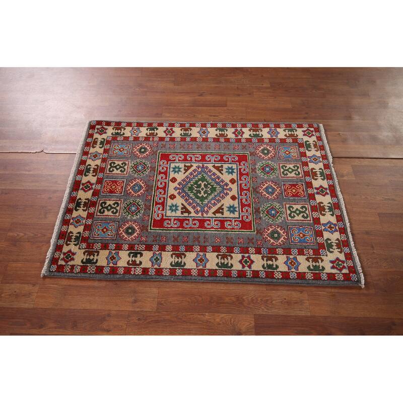 Geometric Grey Kazak Foyer Rug Hand-Knotted Wool Carpet - 2'8" x 3'11"