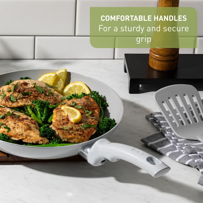 T-fal Essentials, Ceramic Non-Stick 12 Piece Pots and Pans Cookware Set, Moon Grey
