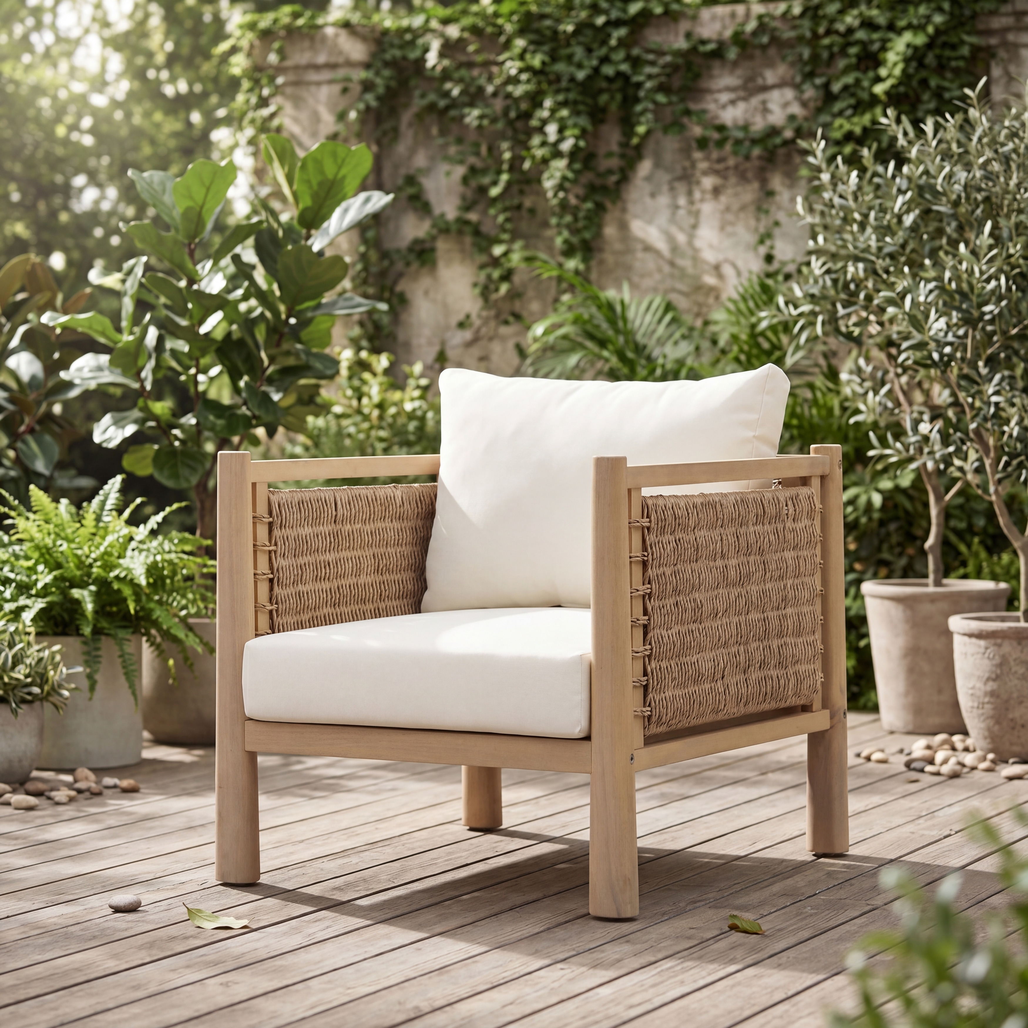 Christopher Knight Home - Rivetti Rustic Outdoor Armchair, Acacia Wood with PE Wicker Woven Arms & Water-Resistant Cushion