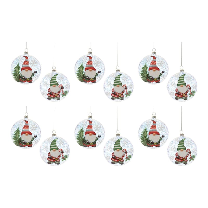 Gnome Glass Christmas Ball Ornaments - 4" (100mm) - Multi-Color - 12ct